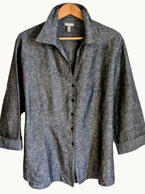 Linen Cotton Button Front Blouse 3X Grey Tunic Lagenlook Relaxed Coastal NWOT
